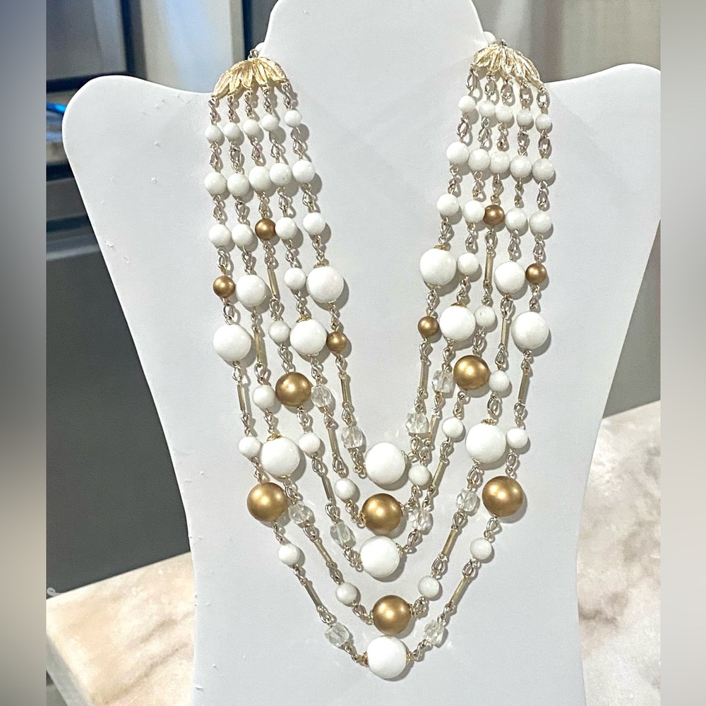 Vintage 5 Strand White & Gold Necklace